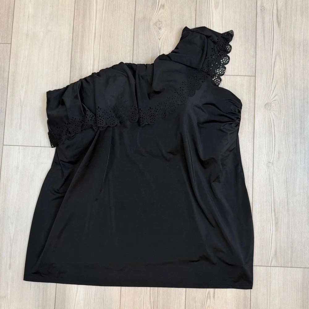 Swim by Cacique One Shoulder Ruffle Eyelet Tankini Top Black 34 1127342